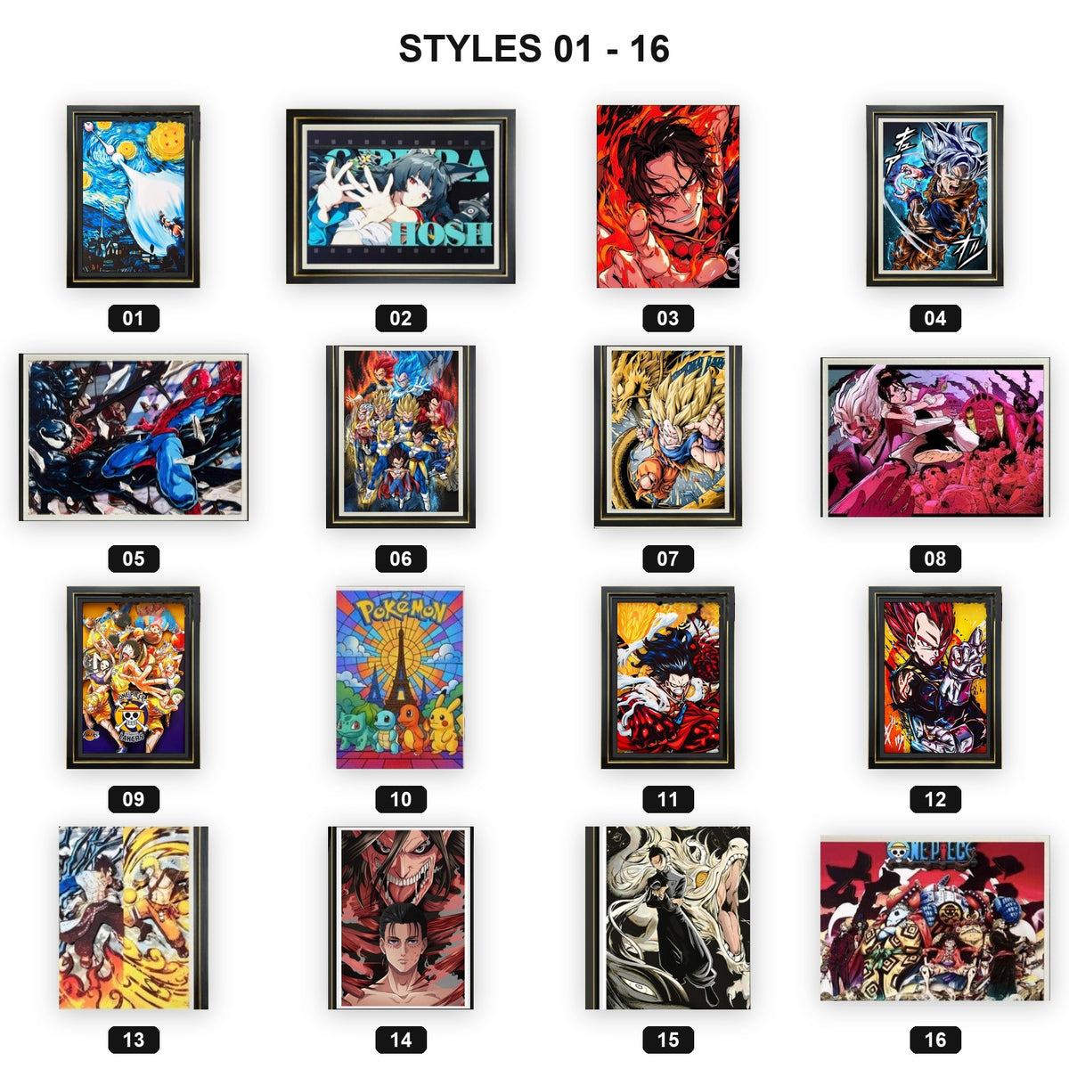 3D paper carving anime wall art in black frames style chart 1 with style numbers