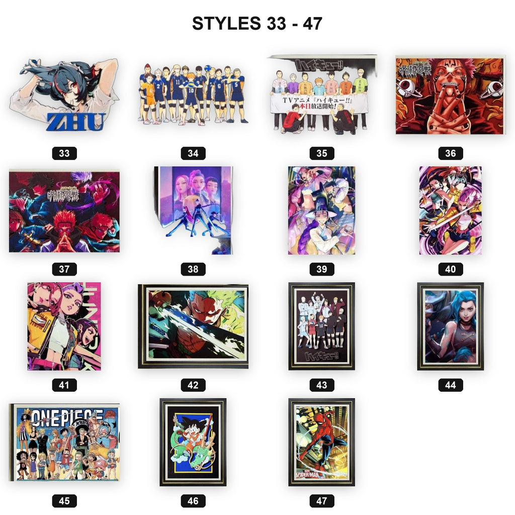 3D paper carving anime wall art in black frames style chart 3 with style numbers