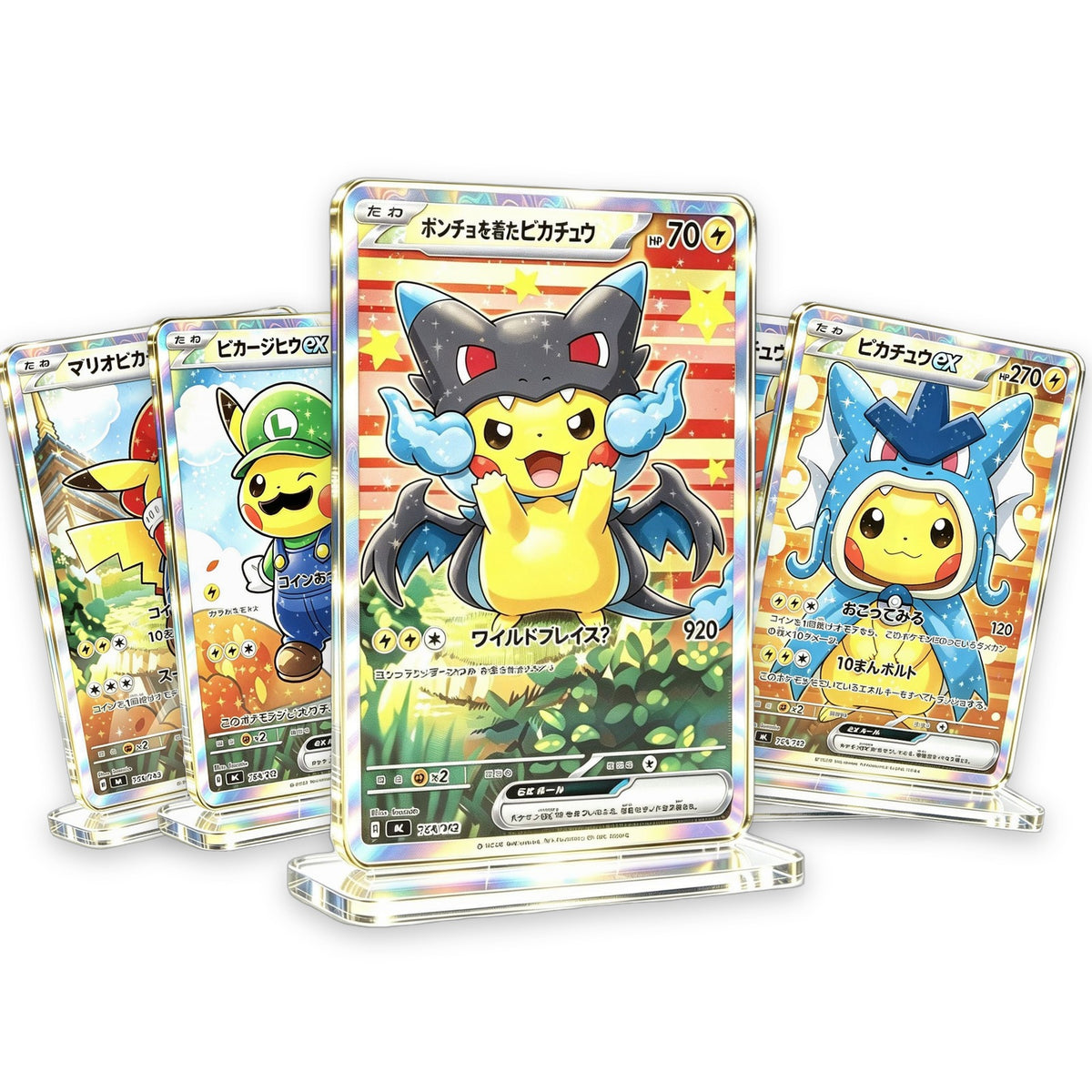 Holographic acrylic card display stands, Costume Pika Series, several styles on white background