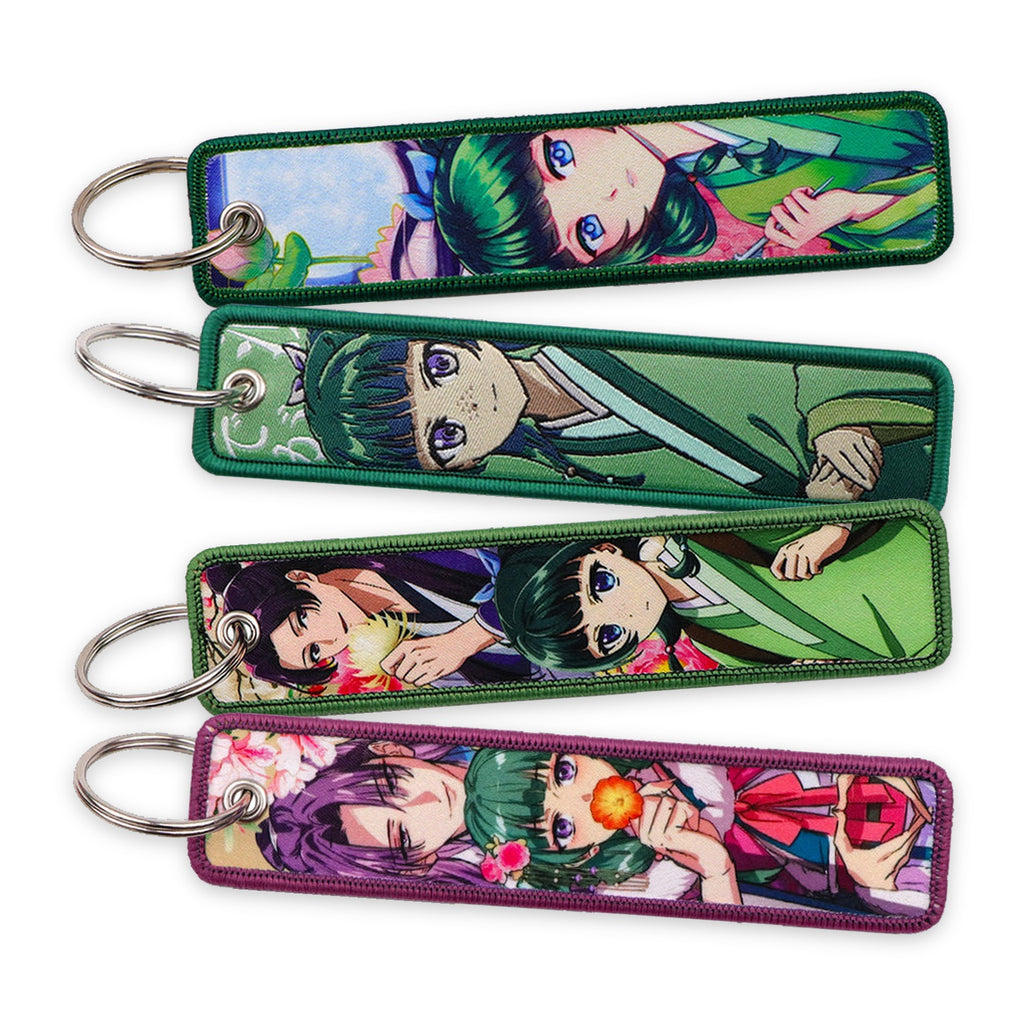 Woven fabric keychains, Apothecary Girl Collection, several styles on white background