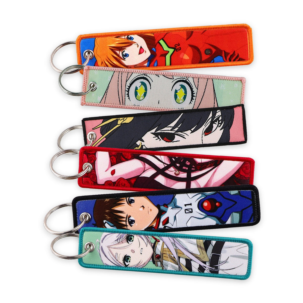 Woven fabric keychains, Spy & Mecha Collection, several styles on white background